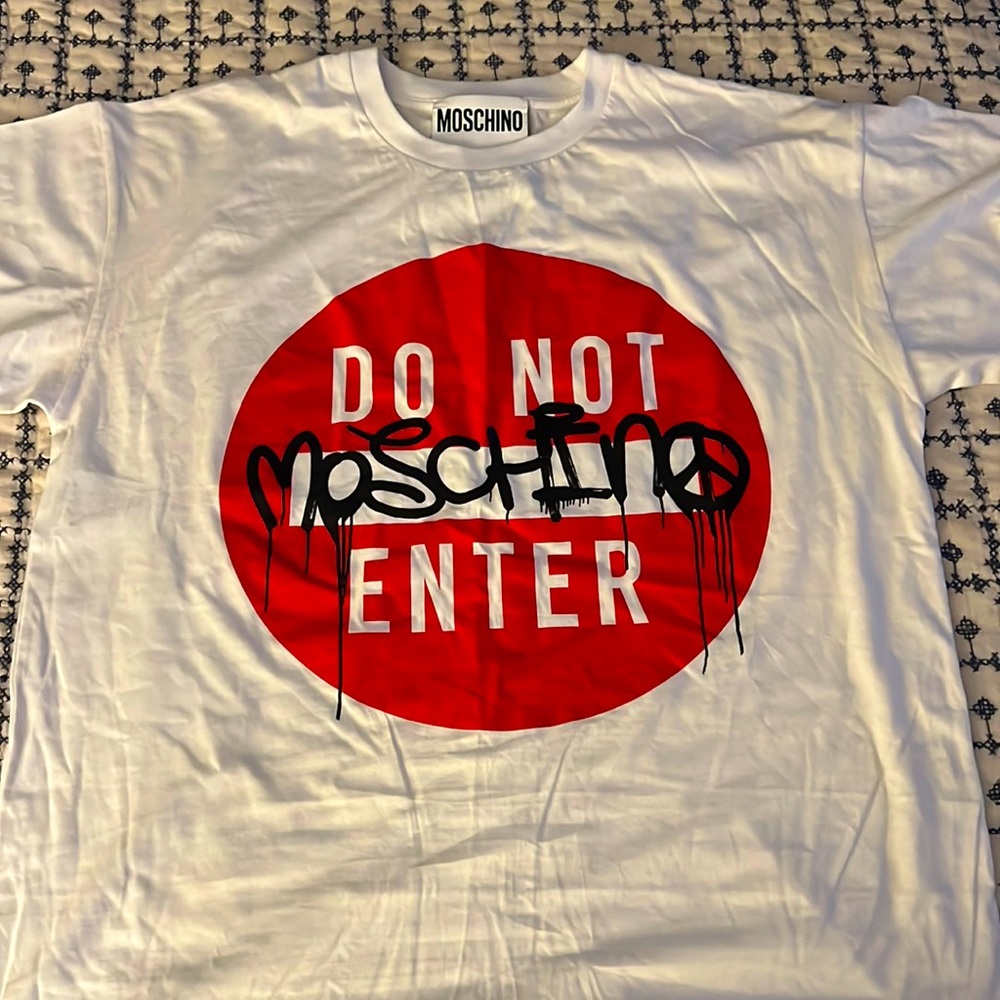 MOSCHINO Couture White 'Do Not Enter' Graphic Lightweight T-Shirt US38 Fits M